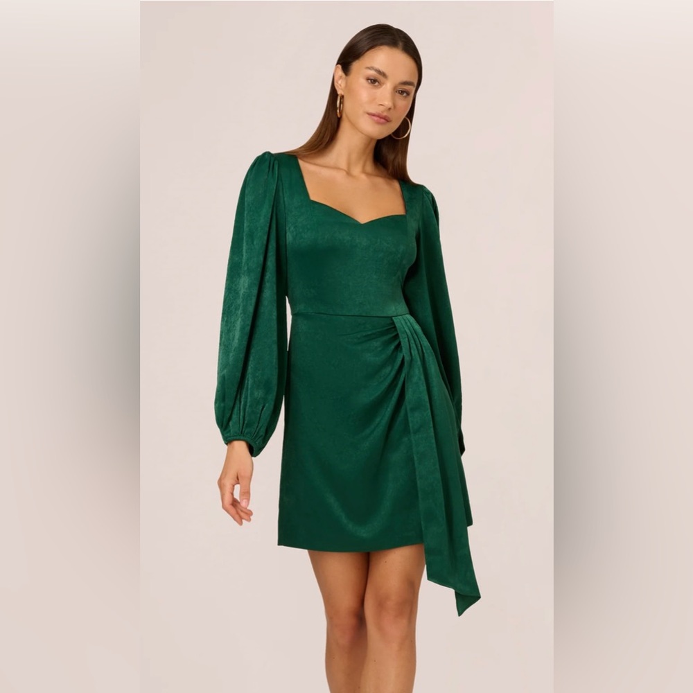 Adrianna Papell Long Sleeve Satin Dress with Draped Details